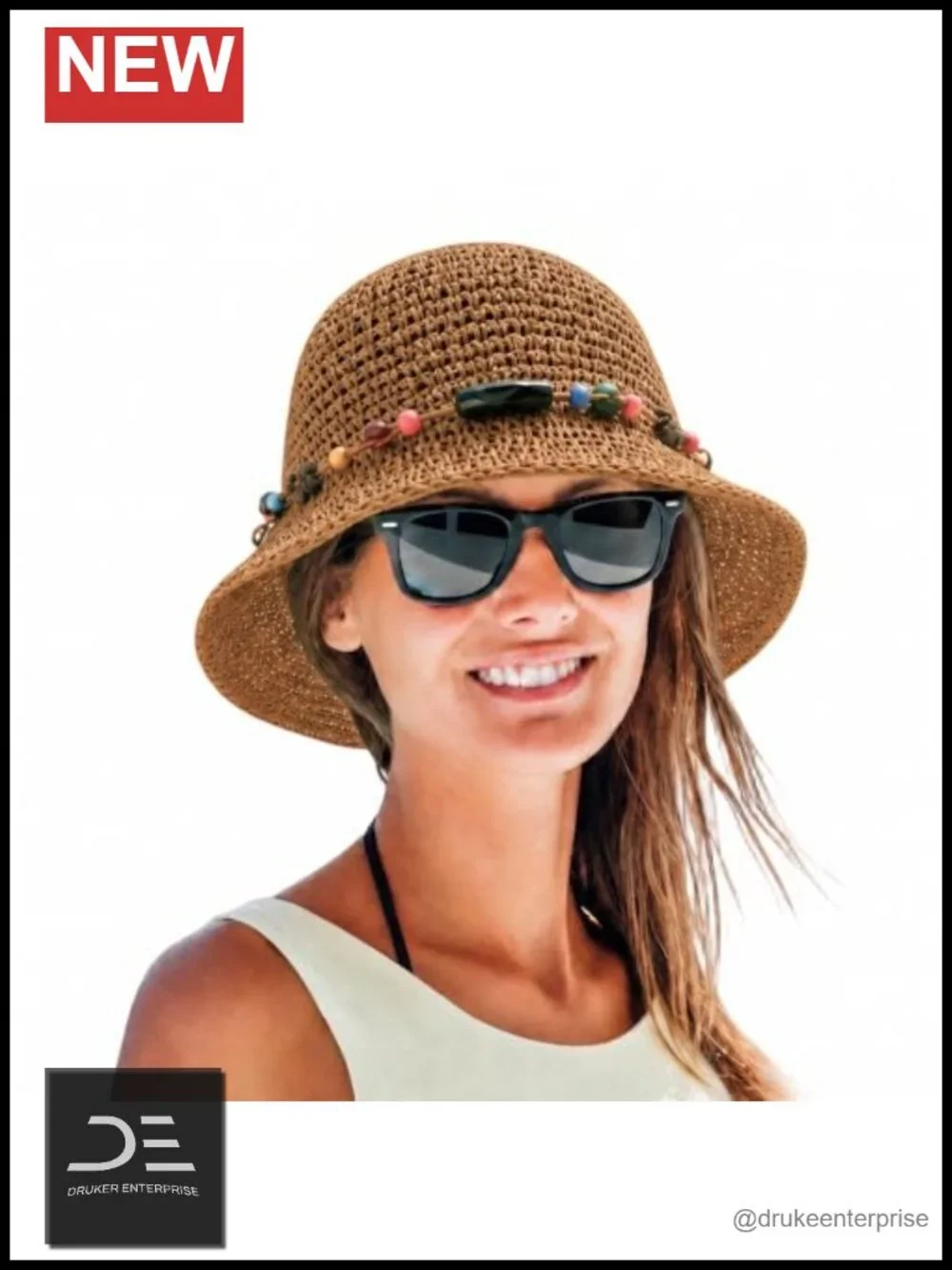 Handmade Straw Wide Brim Sun Hat with Decorative Chain, Packable